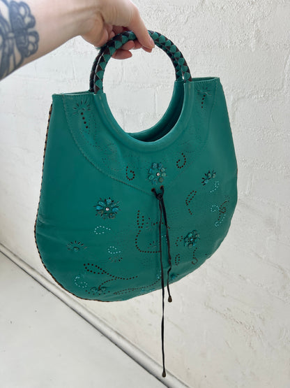 Aqua Leather Bag with Gems