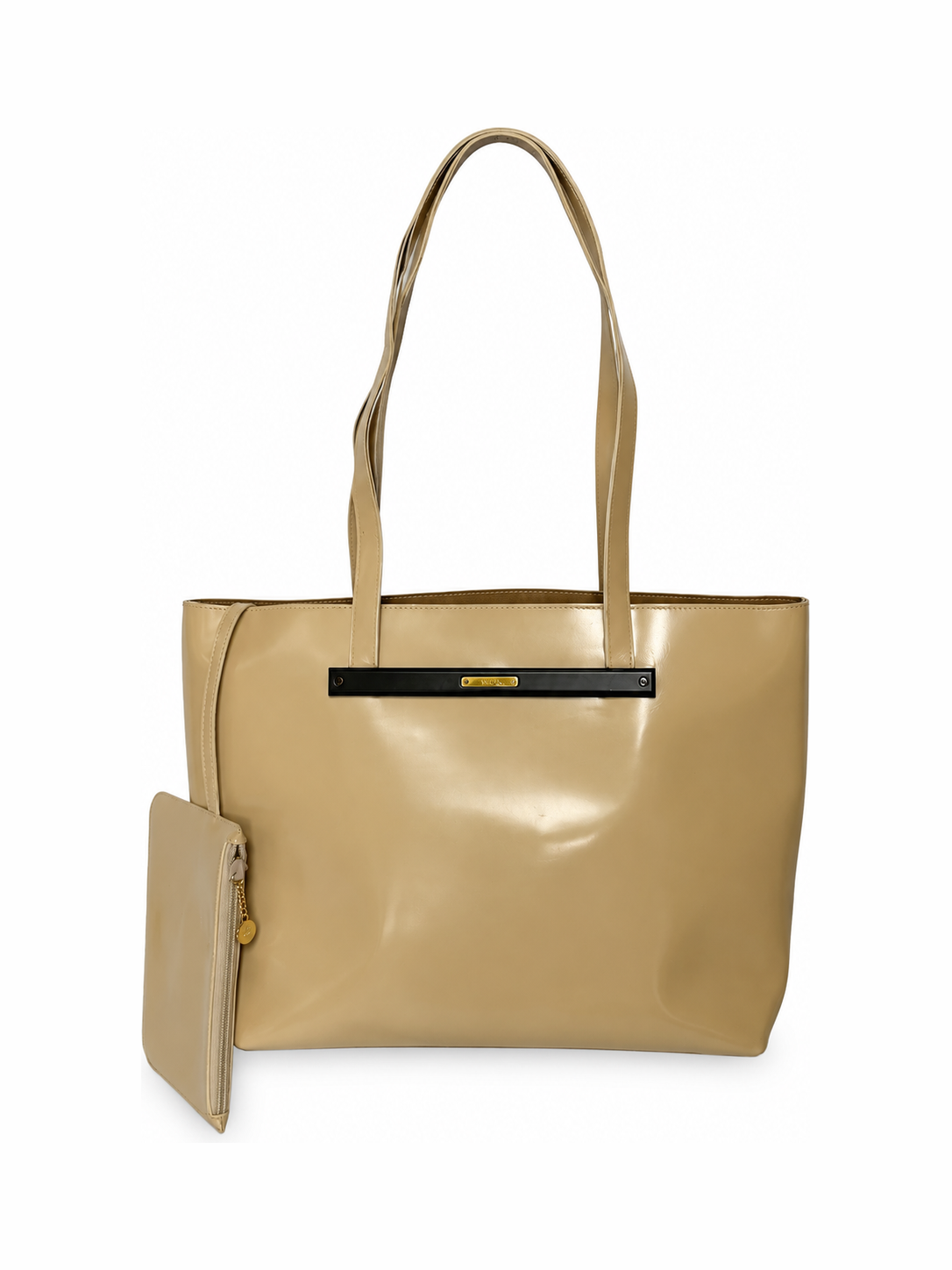Beige Patent Leather Tote Bag with Suede Lining