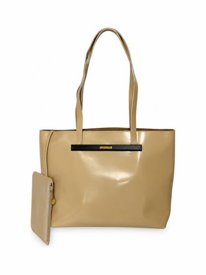 Beige Patent Leather Tote Bag with Suede Lining