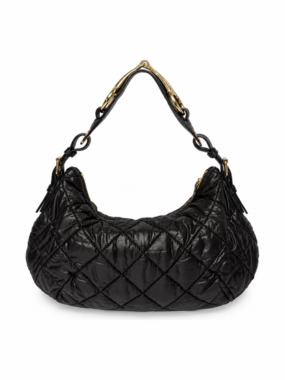 Black Quilted Nylon Hobo Shoulder Bag with Horsebit Leather Handle