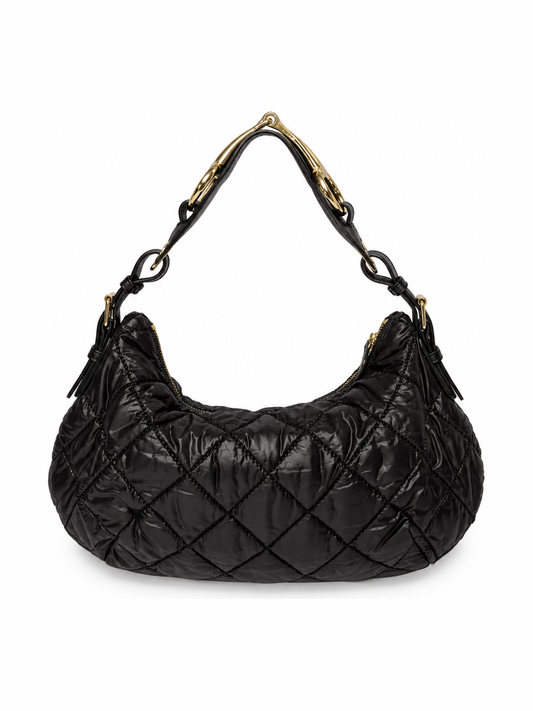 Black Quilted Nylon Hobo Shoulder Bag with Horsebit Leather Handle