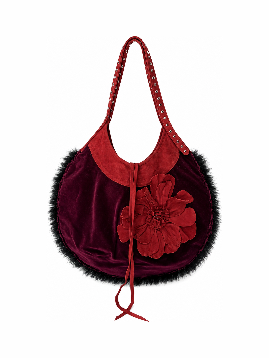 Purple Velvet Round Hobo Bag with Red Leather Flower