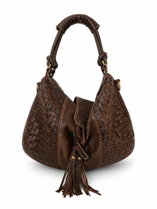 Boho Woven Leather Tassel Horn Bag