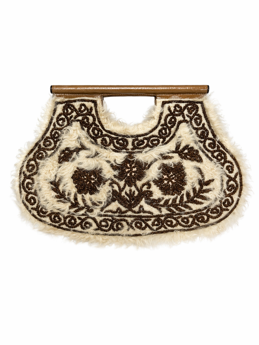 Shearling & Embroidered Clutch – Y2K Boho Luxe