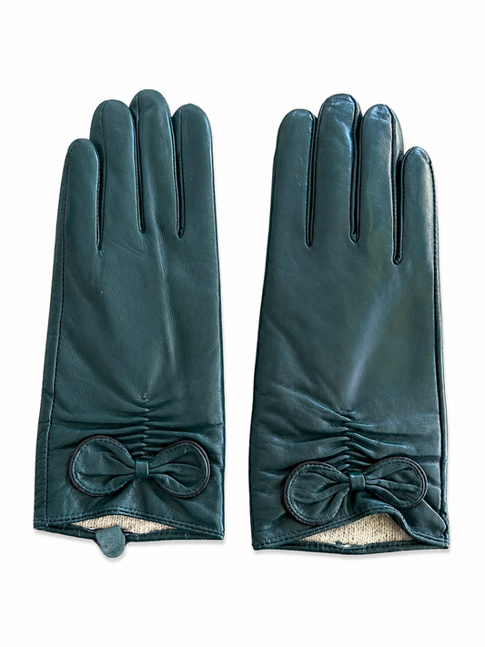 Green Bow Lambskin Leather Gloves