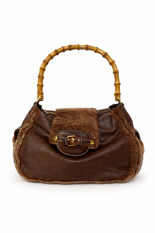 Y2K Brown Leather & Shearling Bamboo Handle Bag