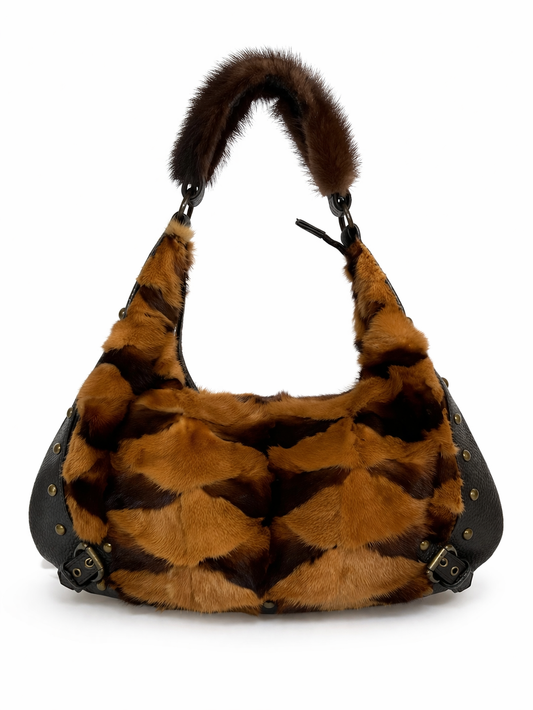 Mink Fur & Leather Studded Hobo Bag