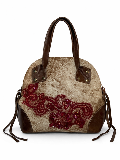 French Beaded Lace Appliqué & Leather Bag