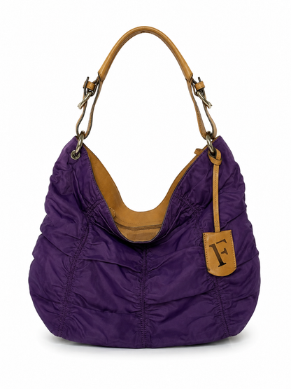 Purple Ruched Nylon & Leather Shoulder Bag