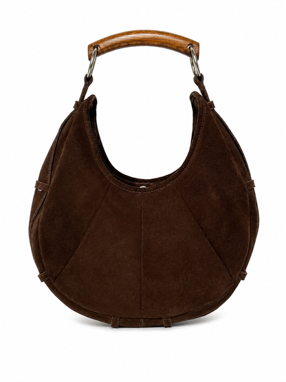 Brown Suede Boho Wooden Handle Bag