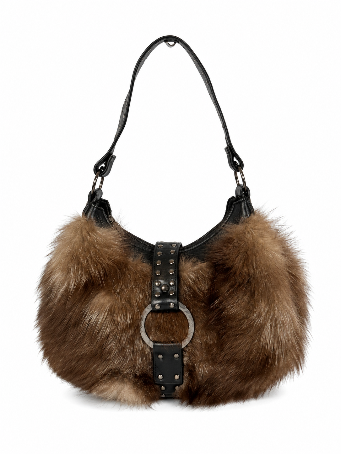 Fur Bag with Studded Leather Strap