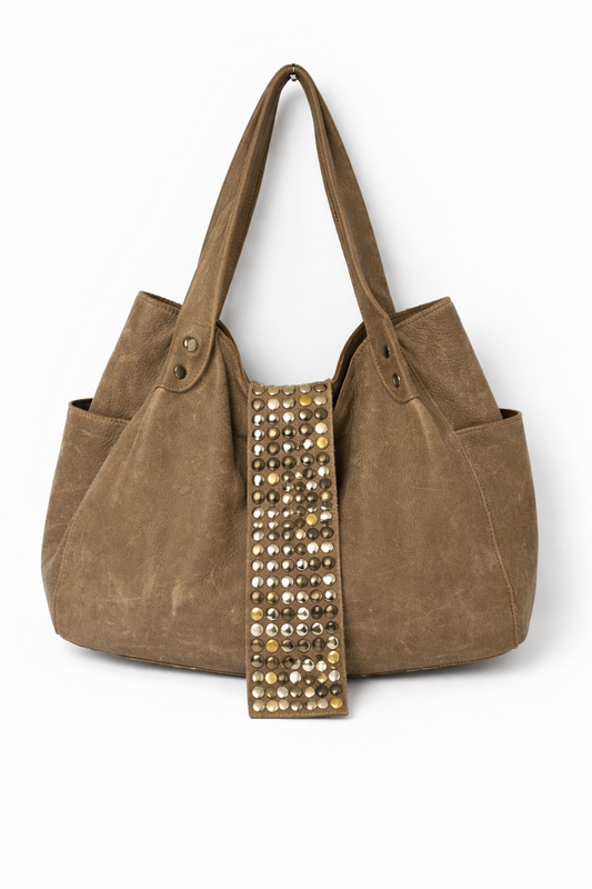 TRES Studded Leather Tote — Distressed Taupe