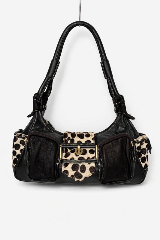 Vintage Leopard Calf Hair & Leather Multi-Pocket Shoulder Bag