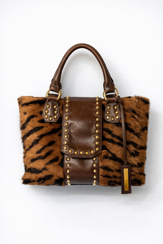 Albericca Tiger Pony Hair Studded Leather Bag