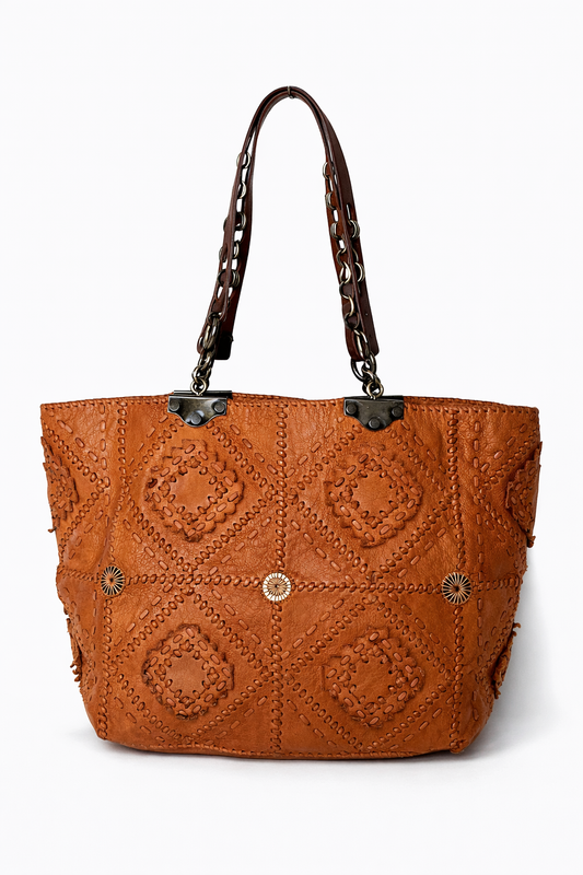 French Artisan Patchwork Leather Tote- Tobacco