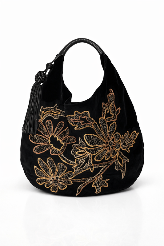 Hiroko Koshino Embroidered Velvet Tassel Shoulder Bag