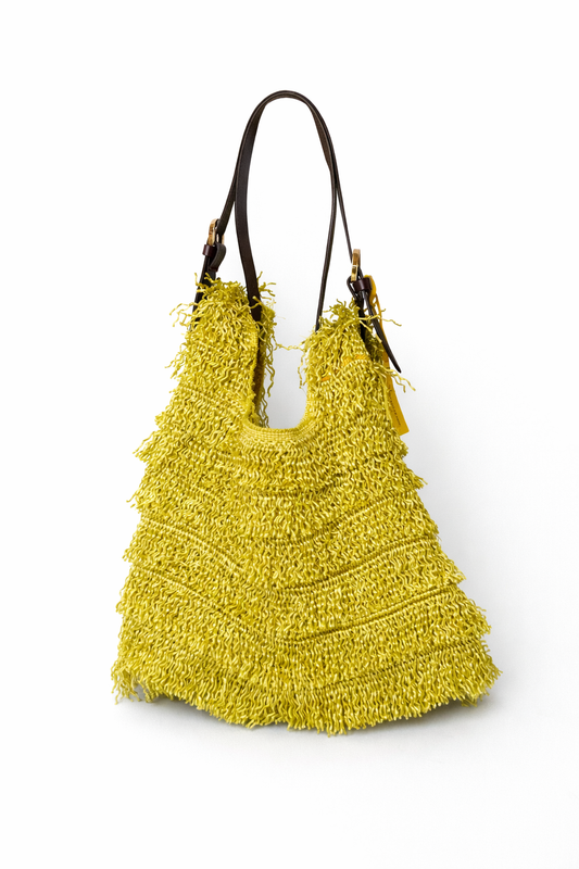 Italian Chartreuse Straw Fringe Bag — Leather Handle