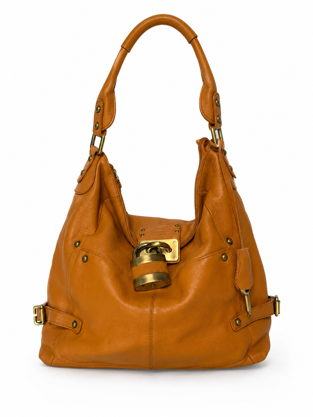 Peaks Peak Tan Textured Leather Shoulder Bag — Padlock Detail
