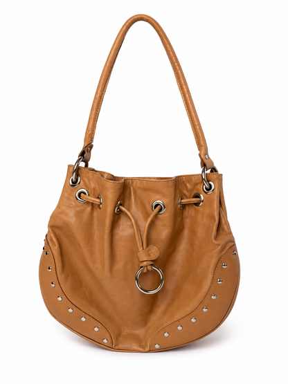 Tan Studded Leather Shoulder Bag