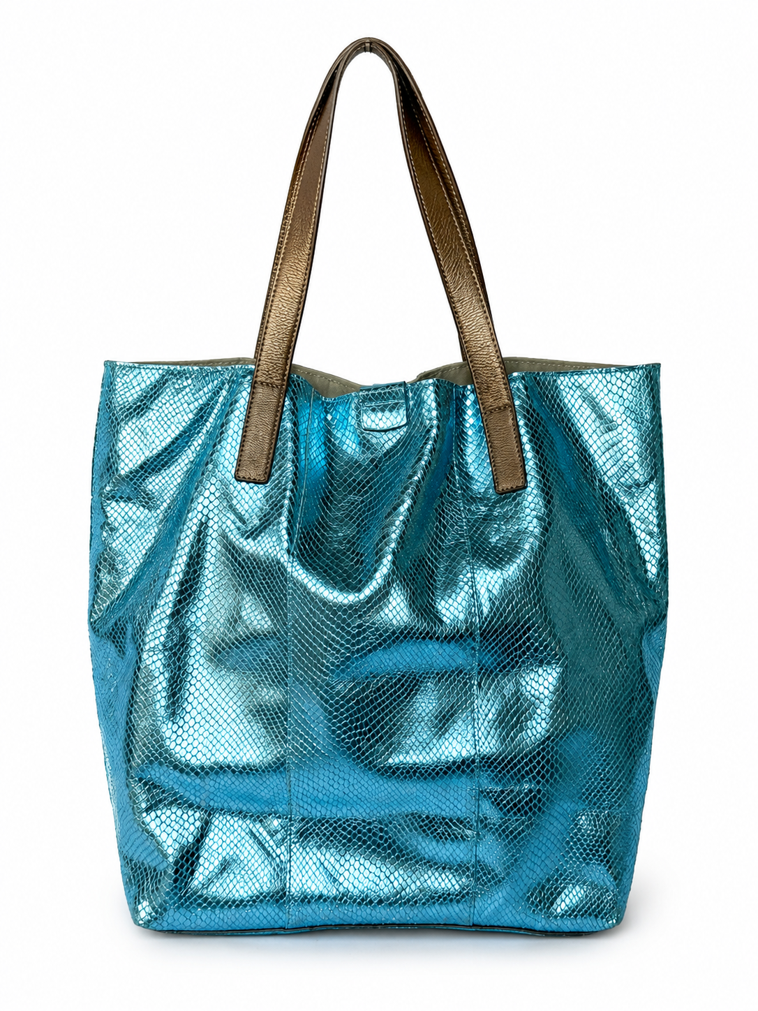 Blue Metallic Snake-Embossed Leather Tote Bag