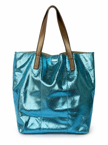 Blue Metallic Snake-Embossed Leather Tote Bag