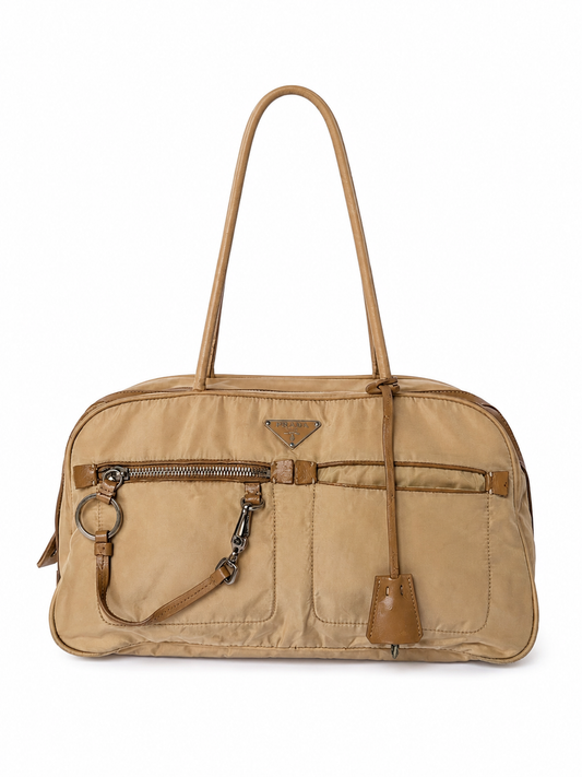 Prada Tessuto Nylon Lock & Key Shoulder Bag — Taupe