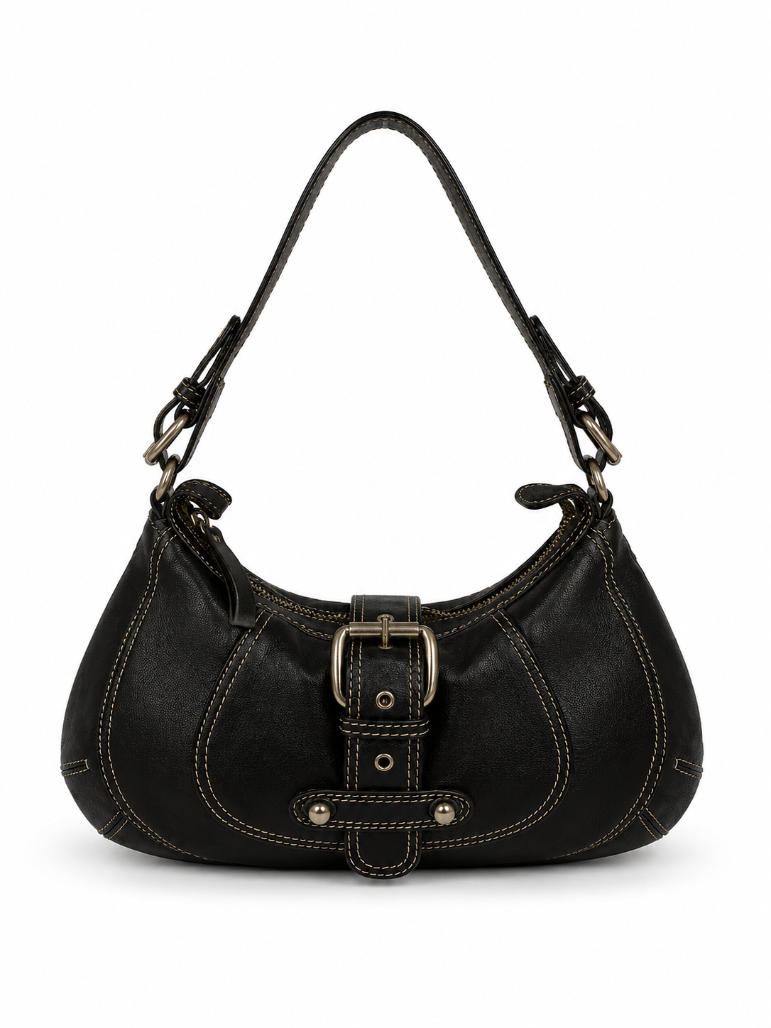 Vintage Monio black Italian leather shoulder bag with contrast stitching — view 1