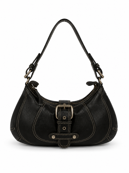 Vintage Monio black Italian leather shoulder bag with contrast stitching — view 1