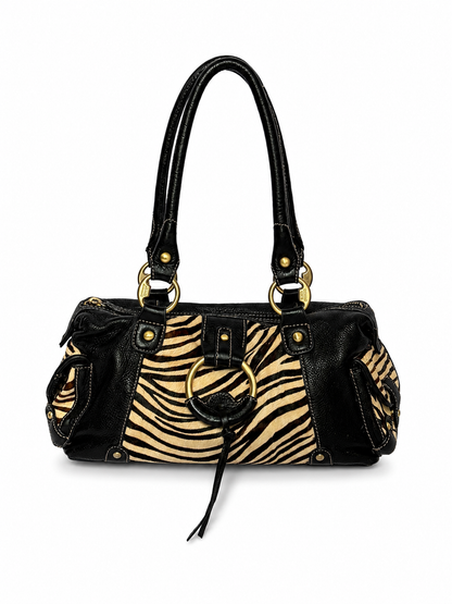 Vintage Enzo Angiolini zebra print pony hair and black leather barrel bag — view 1