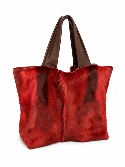 Anti-Forme Design red suede tote bag with hair-on cowhide flap, made in Japan — view 1