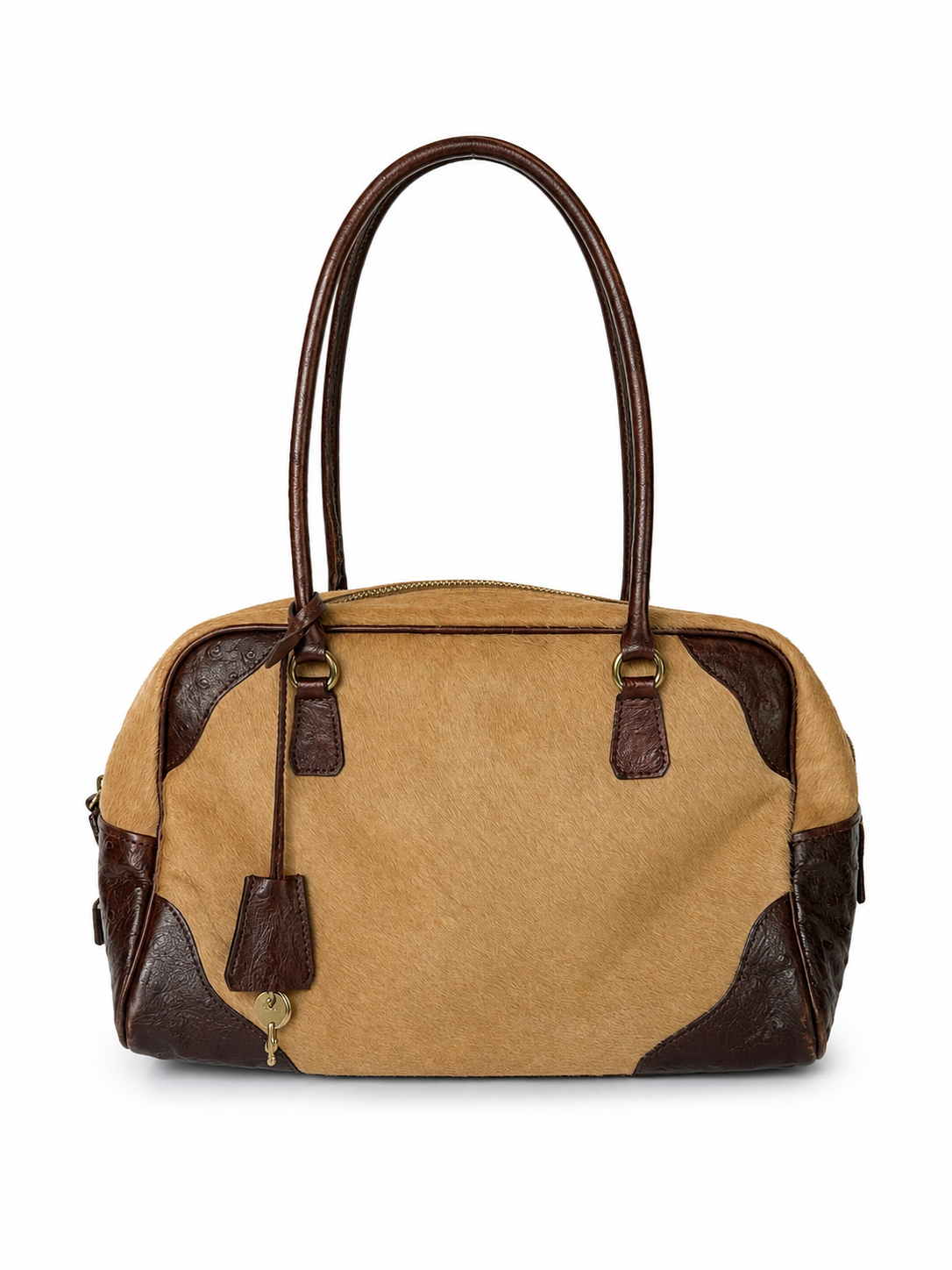 Ostrich Leather & Pony Hair Handbag in Taupe