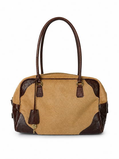 Ostrich Leather & Pony Hair Handbag in Taupe
