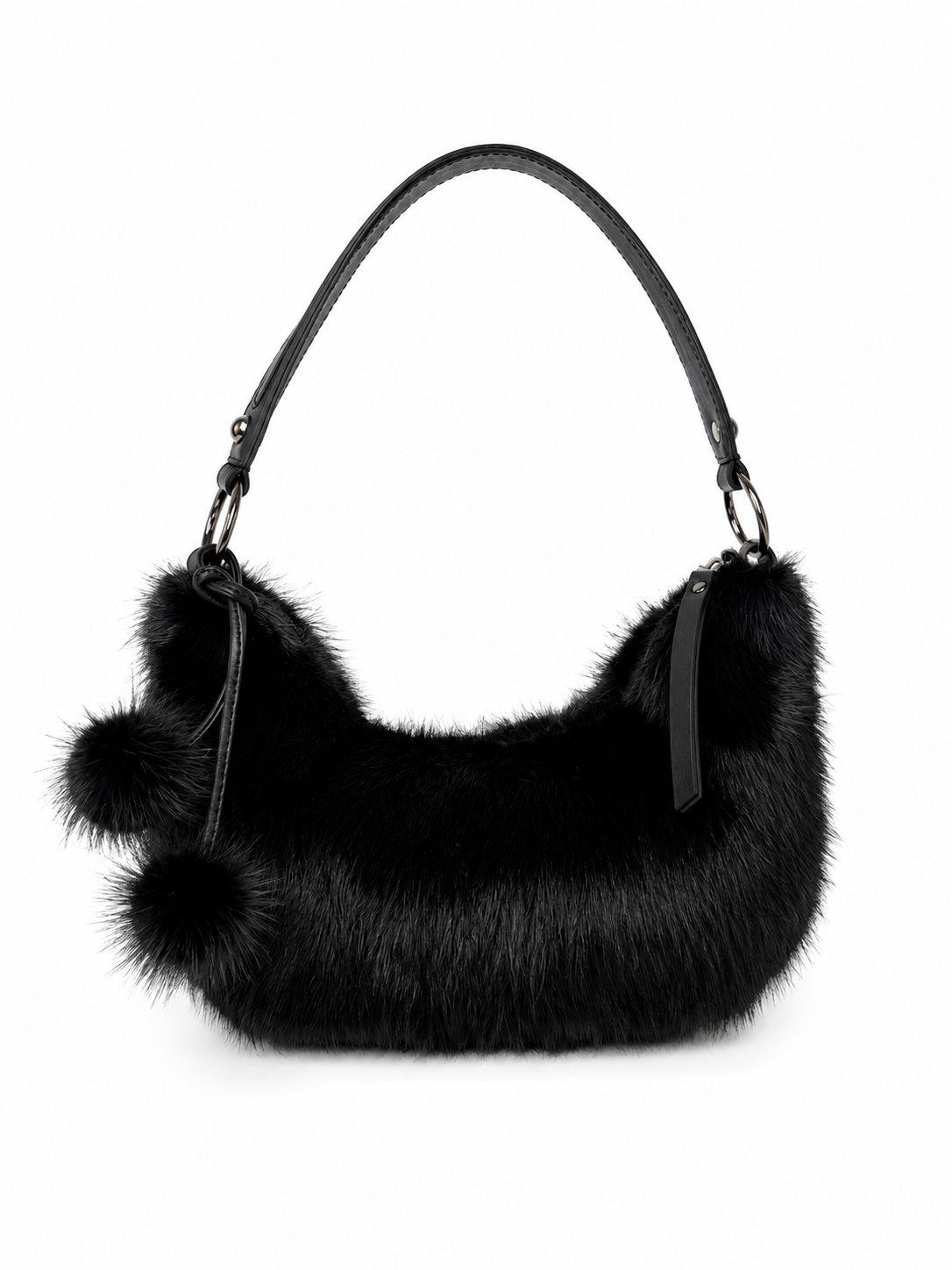 Black Mink Fur Crescent Bag with Pom-Pom