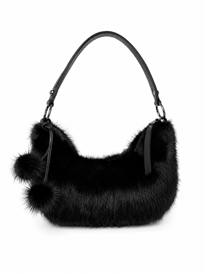 Black Mink Fur Crescent Bag with Pom-Pom