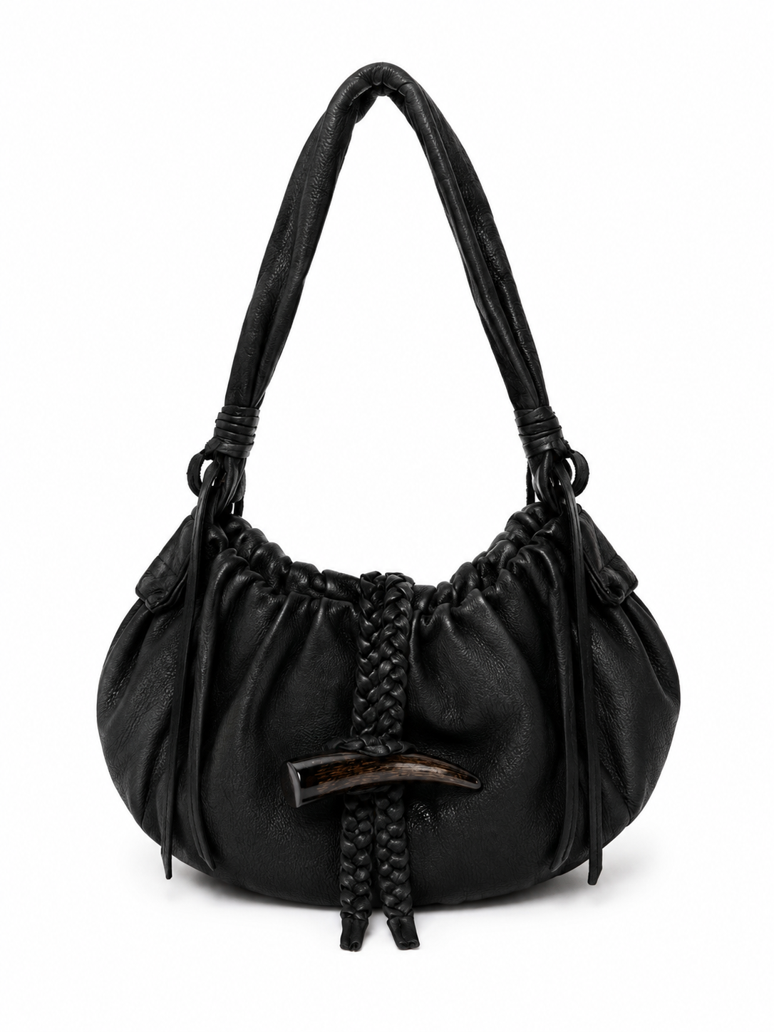Black Braided Leather Shoulder Bag — Horn Detail