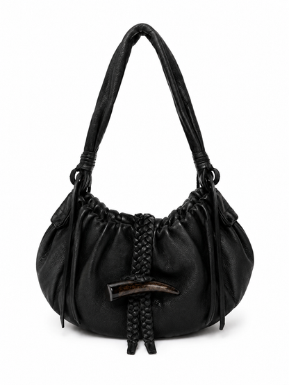 Black Braided Leather Shoulder Bag — Horn Detail