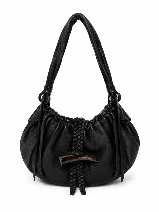 Black Braided Leather Shoulder Bag — Horn Detail