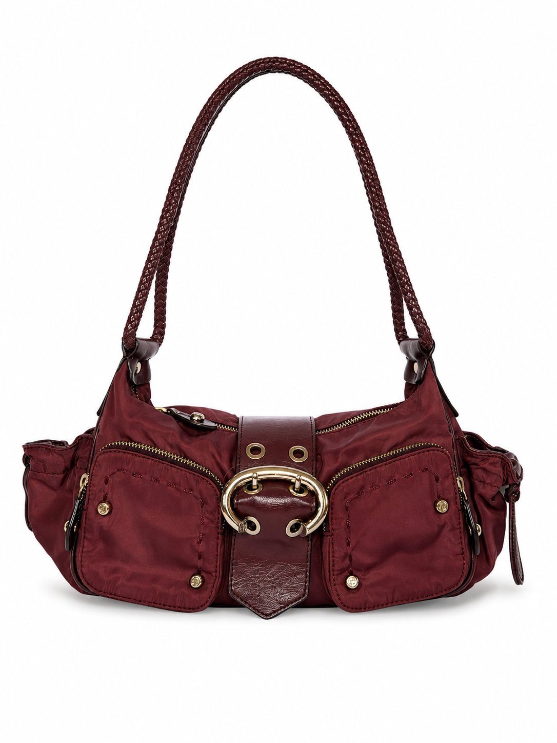 Burgundy Nylon Shoulder Bag — Braided Handle