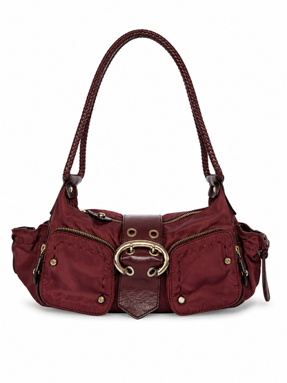 Burgundy Nylon Shoulder Bag — Braided Handle