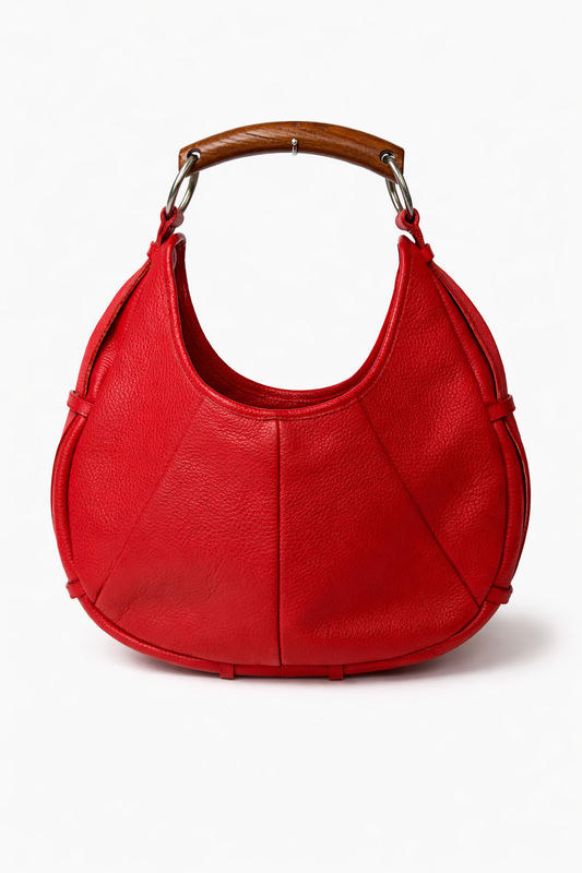 Italian Red Leather Hobo Bag with Wooden Handle