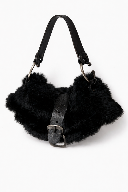 Black Fur Shoulder Bag with Oversized Buckle