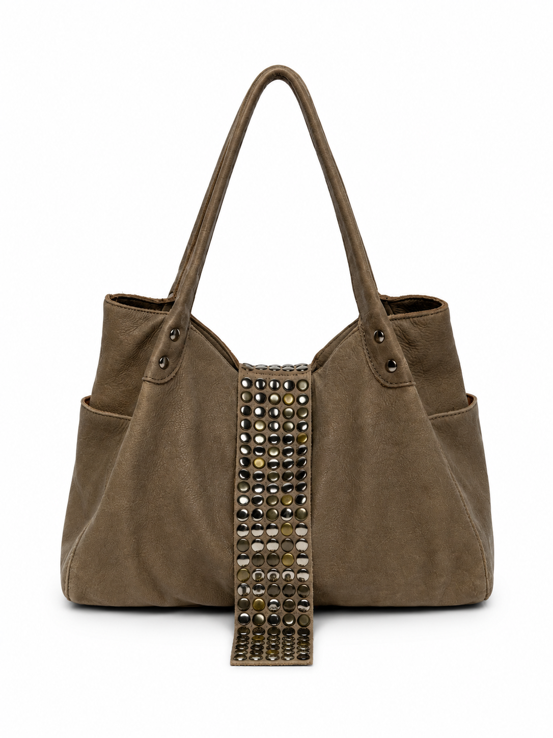 Studded Leather Tote — Distressed Taupe