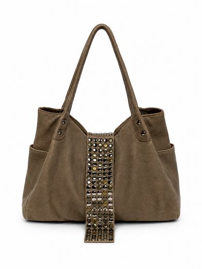 Studded Leather Tote — Distressed Taupe