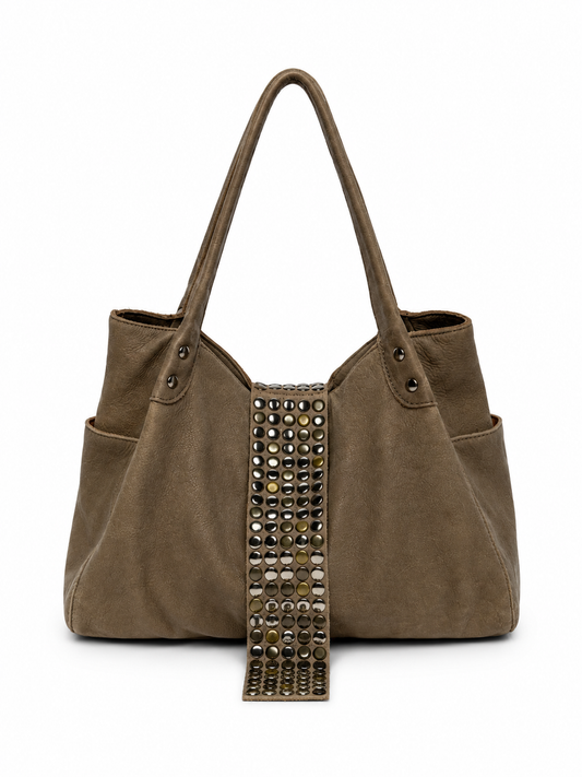 Studded Leather Tote — Distressed Taupe