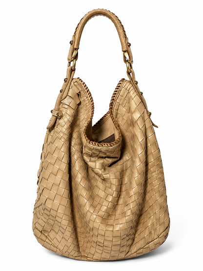 Epoca Woven Leather Hobo Bag in Sand Beige