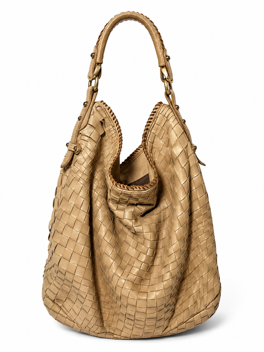 Epoca Woven Leather Hobo Bag in Sand Beige