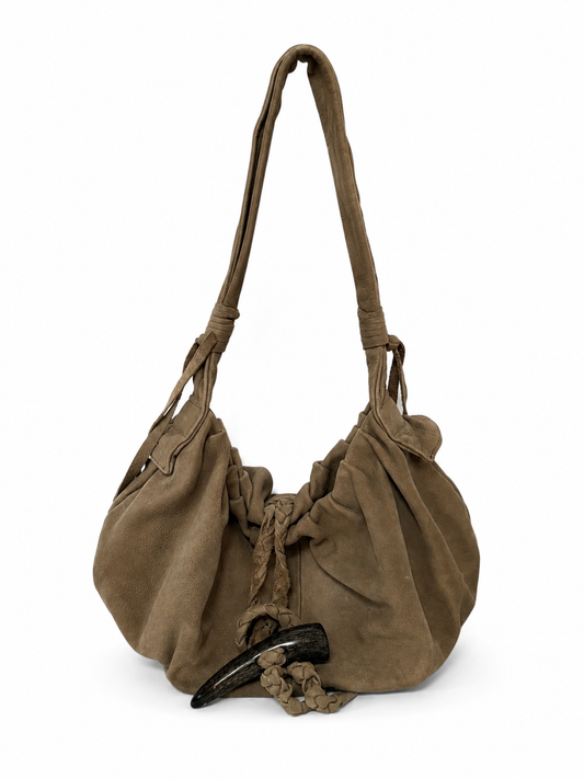 Taupe Leather Shoulder Bag — Horn Detail