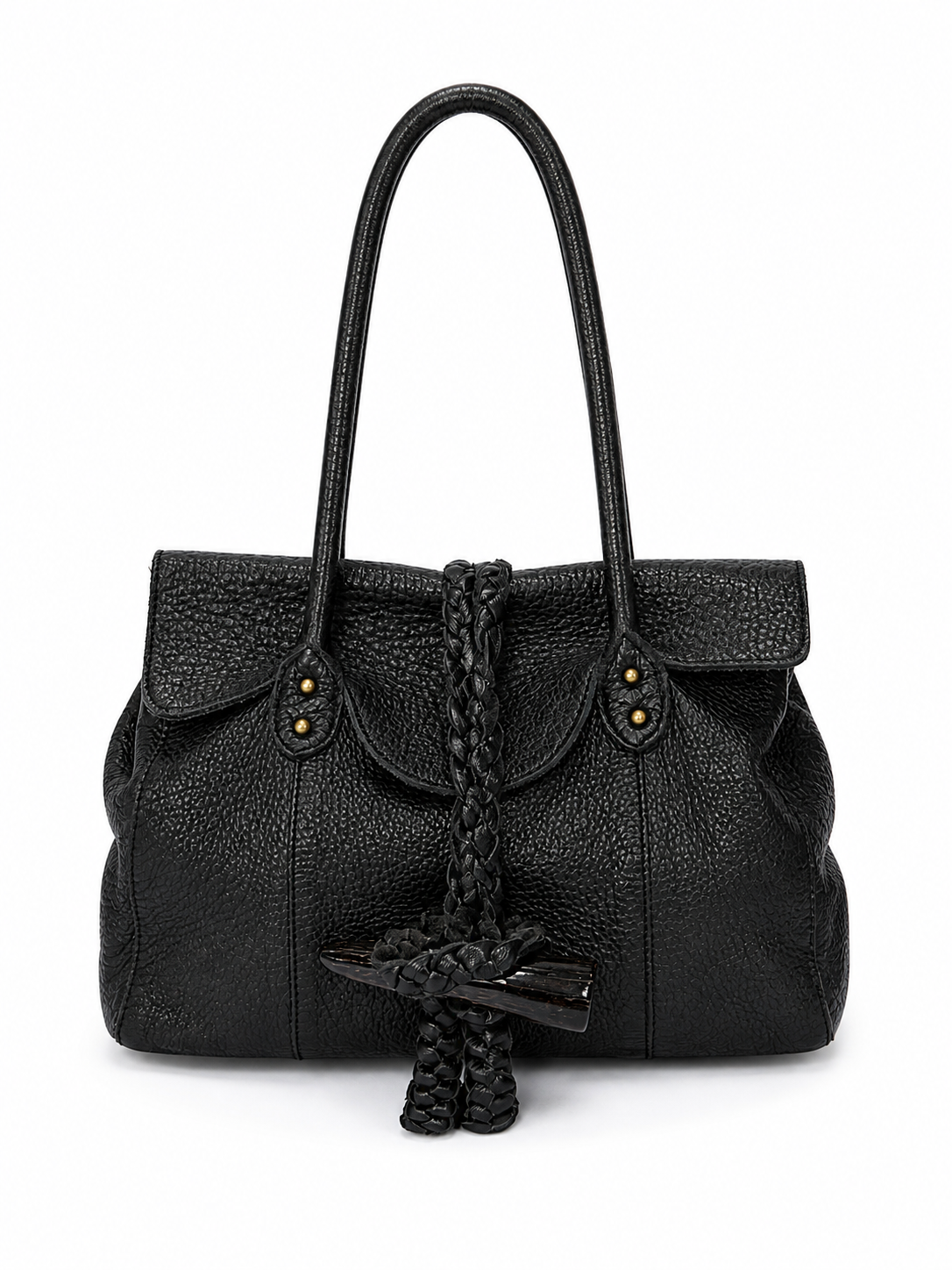 Slouchy Leather Shoulder Bag with Horn Toggle & Braided Detail