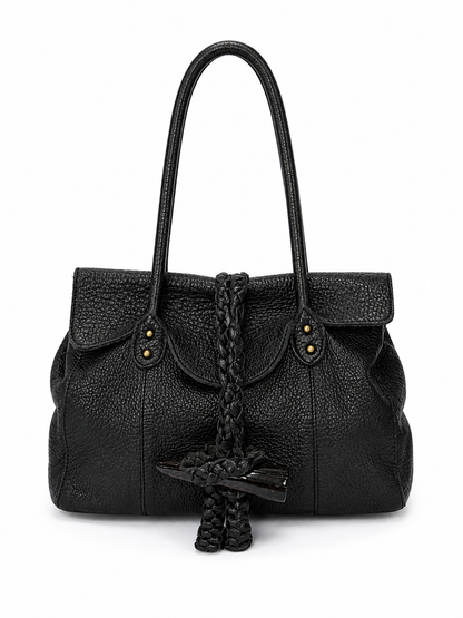 Slouchy Leather Shoulder Bag with Horn Toggle & Braided Detail