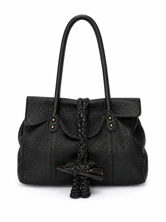 Slouchy Leather Shoulder Bag with Horn Toggle & Braided Detail